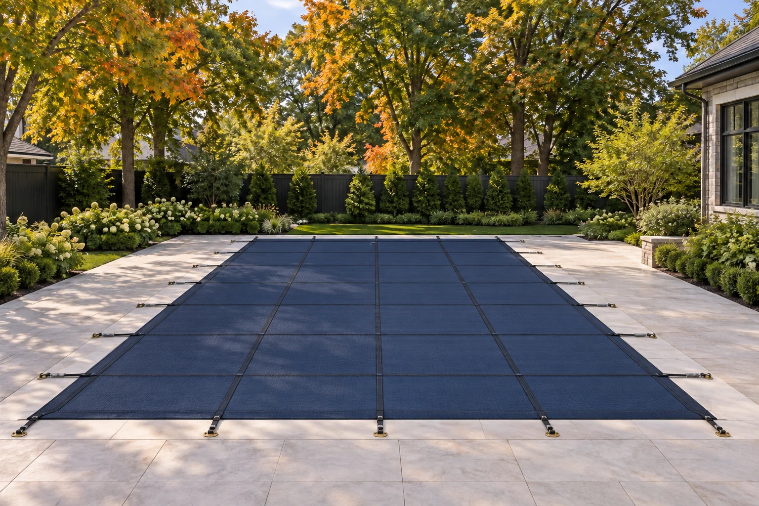 The same pool protected by a fitted winter safety cover