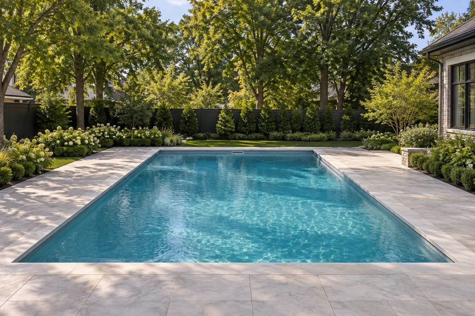 Crystal-clear inground pool and stone deck in a landscaped Ontario-style backyard